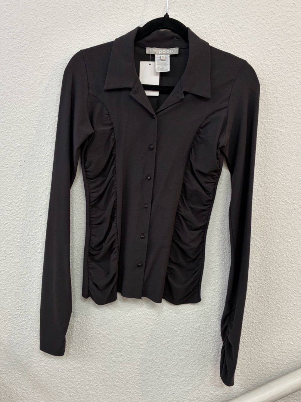 Tehen Par Poles Classic Black Ruched Button-Down Shirt Size M